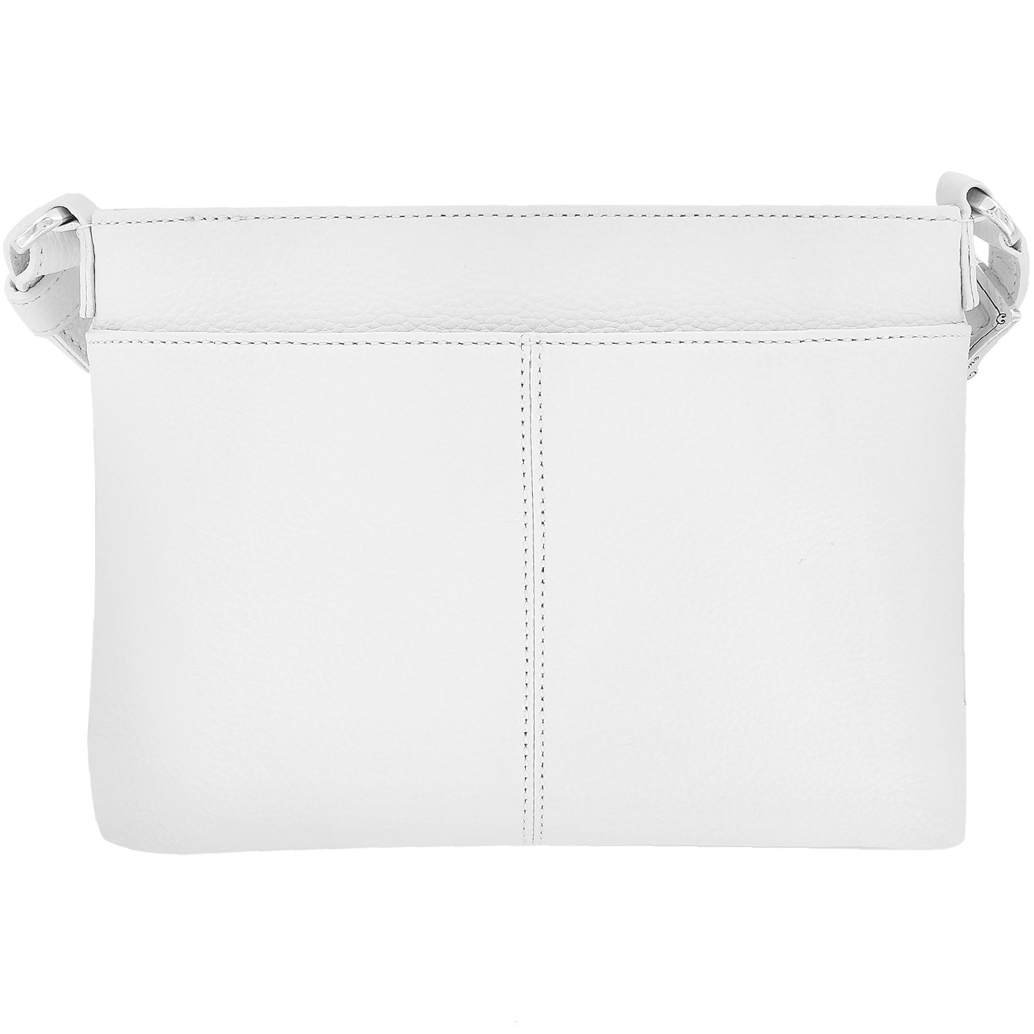 Brighton handbag shown from the back in white pebbled leather with center stitching and shoulder strap on a white background