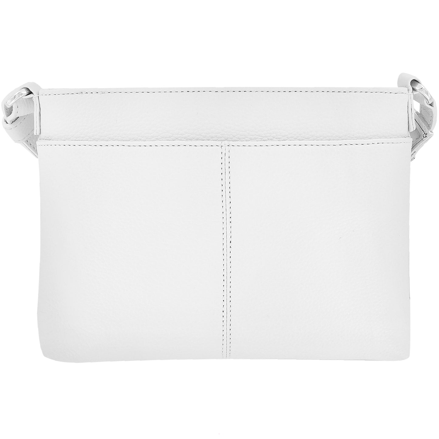 Brighton handbag shown from the back in white pebbled leather with center stitching and shoulder strap on a white background