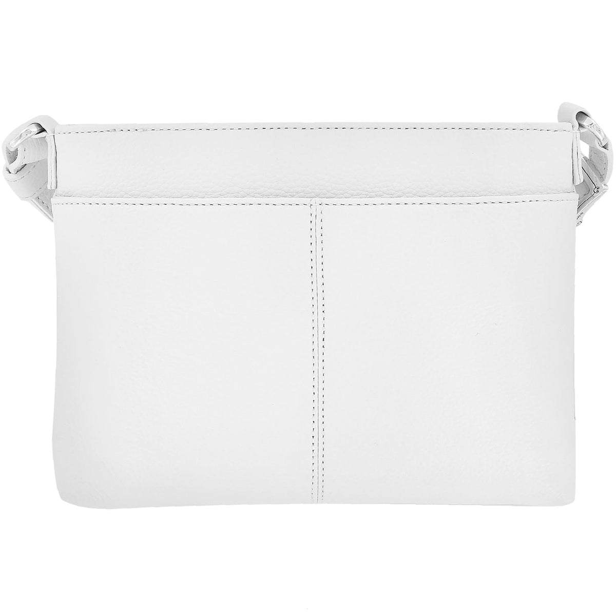Brighton handbag shown from the back in white pebbled leather with center stitching and shoulder strap on a white background