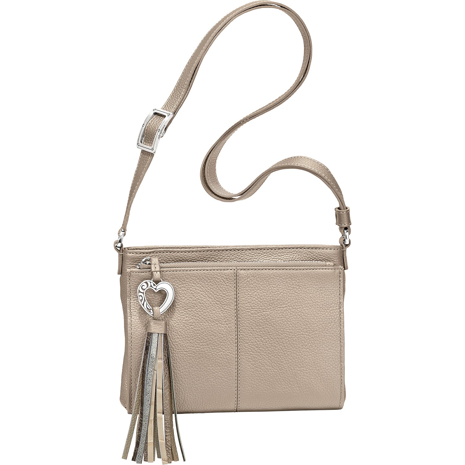 Brighton crossbody handbag in taupe pebbled leather with adjustable strap, heart charm, and tassel on a white background