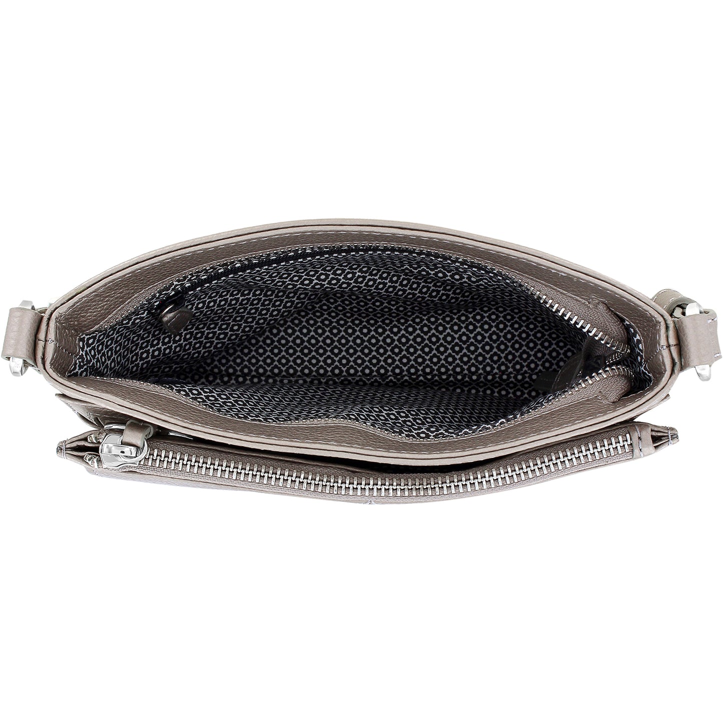 Close-up of Brighton handbag interior view showing patterned fabric lining, zippered pocket, and silver-tone zipper hardware