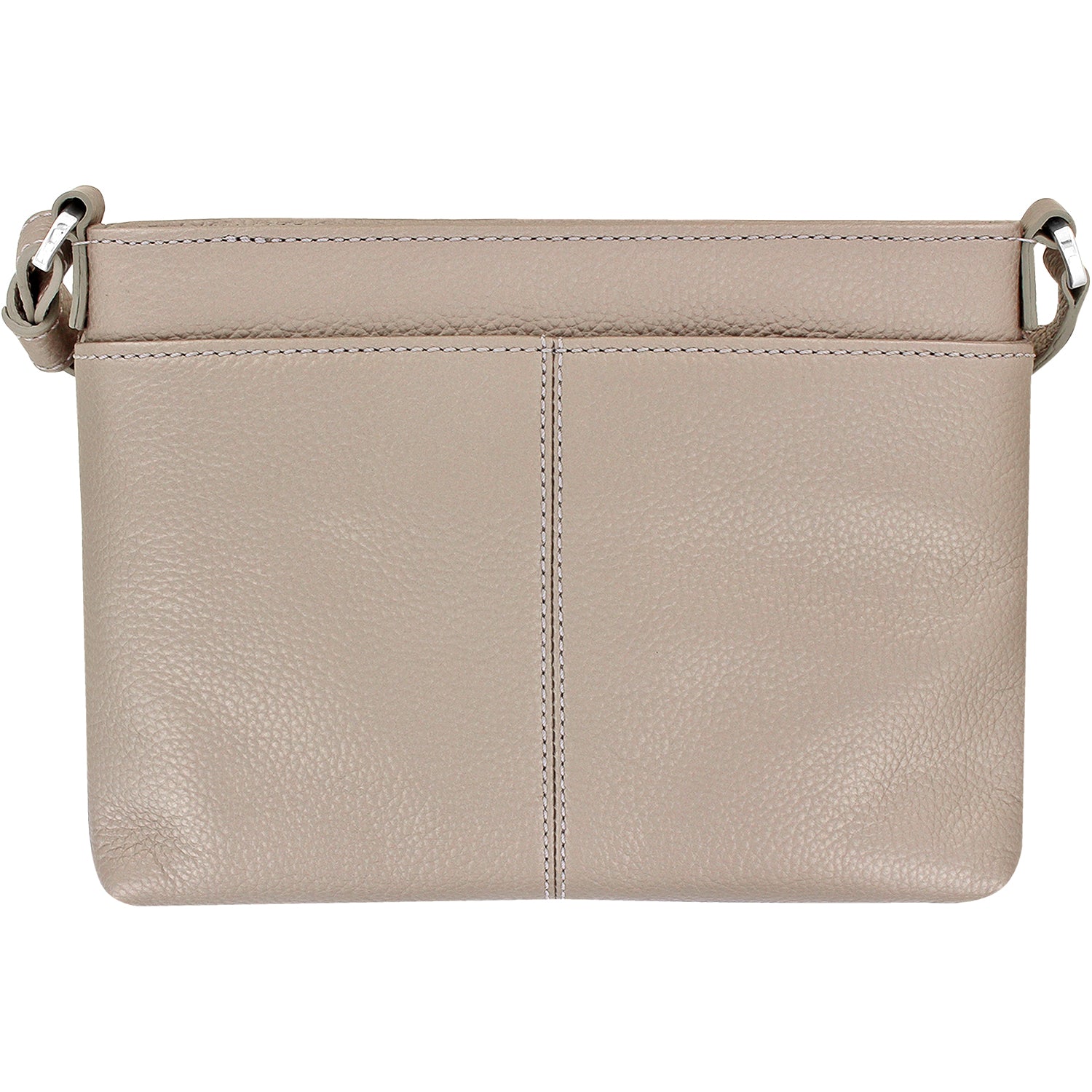Brighton handbag shown from the back in taupe pebbled leather with center stitching and silver-tone hardware on a white background
