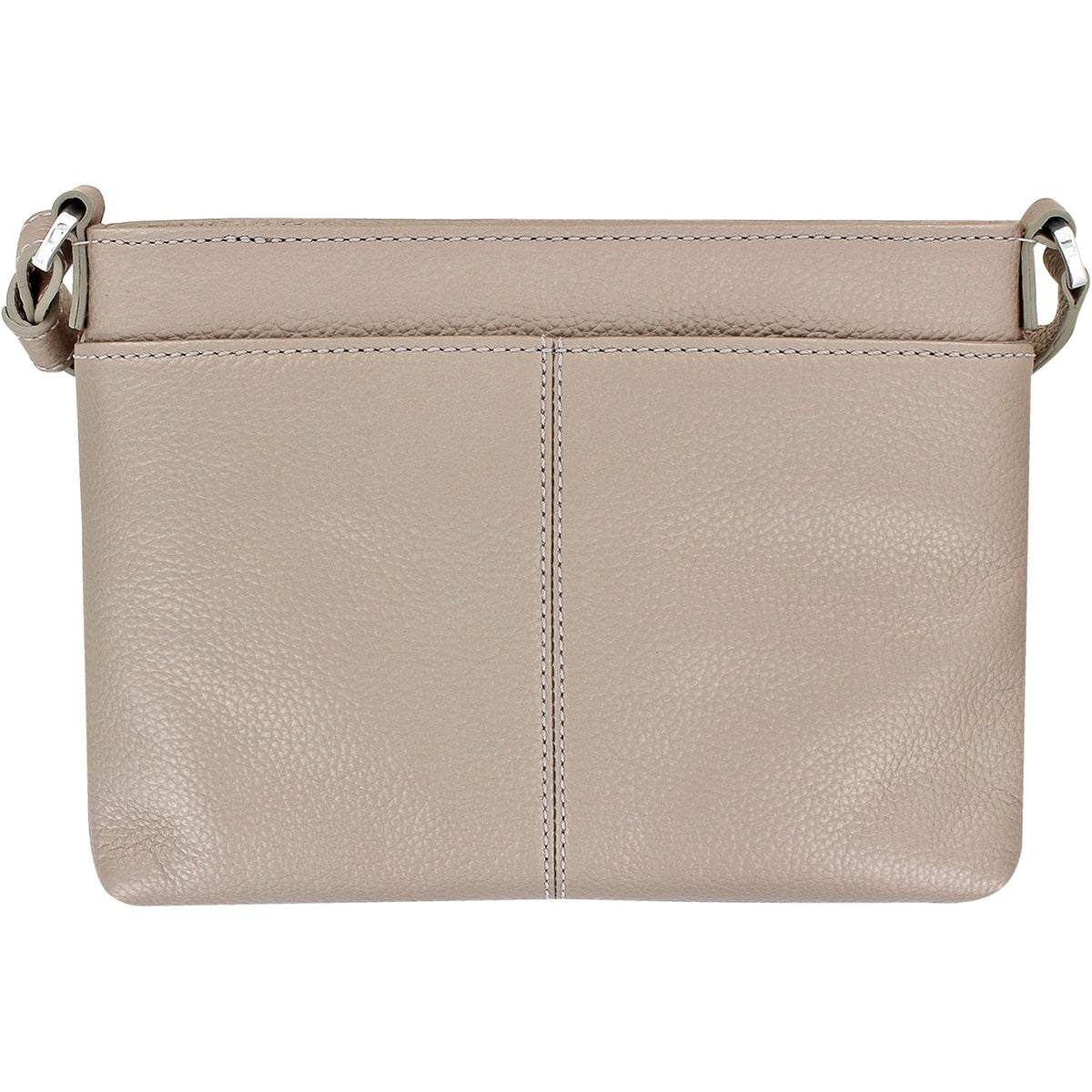 Brighton handbag shown from the back in taupe pebbled leather with center stitching and silver-tone hardware on a white background