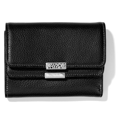 Brighton black pebbled leather trifold wallet with silver-tone scrollwork clasp and mother-of-pearl bar accent on a white background