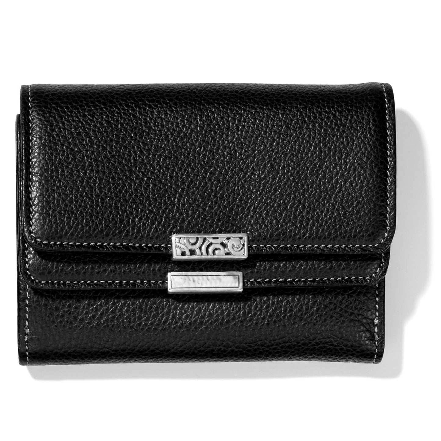 Brighton black pebbled leather trifold wallet with silver-tone scrollwork clasp and mother-of-pearl bar accent on a white background