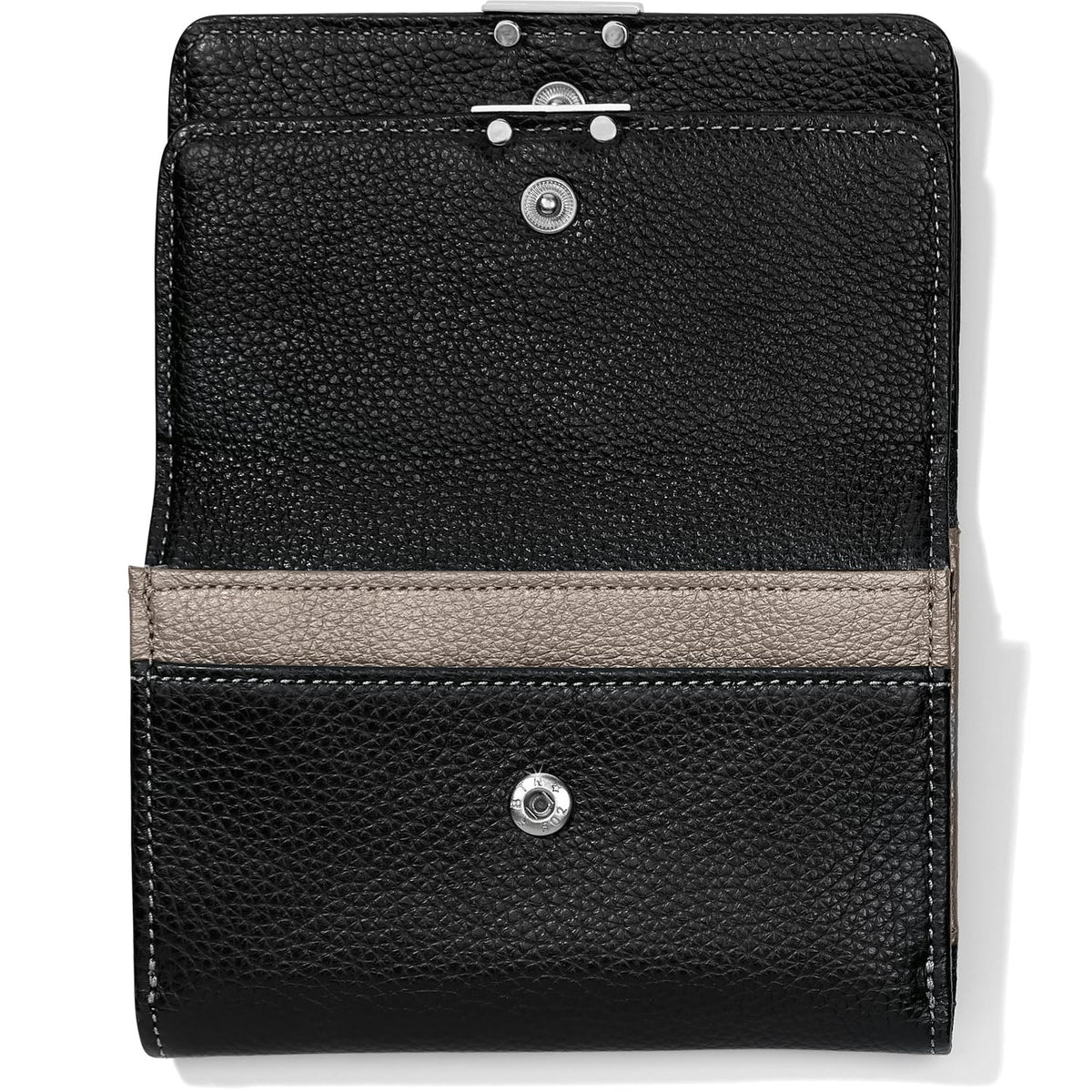 Brighton black leather wallet shown open with tan interior card slot and silver-tone snap closures on a white background