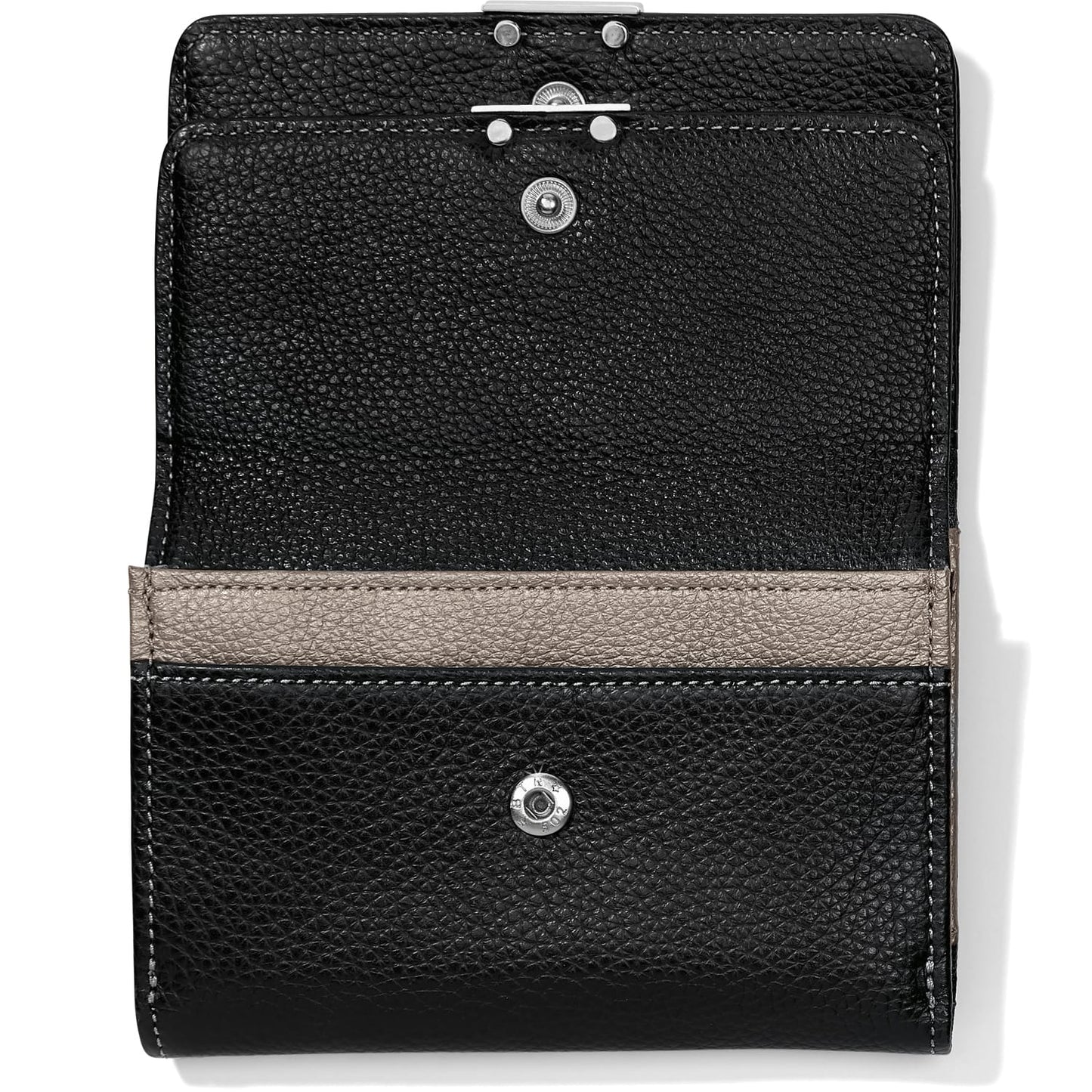 Brighton black leather wallet shown open with tan interior card slot and silver-tone snap closures on a white background