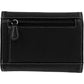 Brighton black pebbled leather wallet shown from the back with zippered pocket and contrast white stitching on a white background