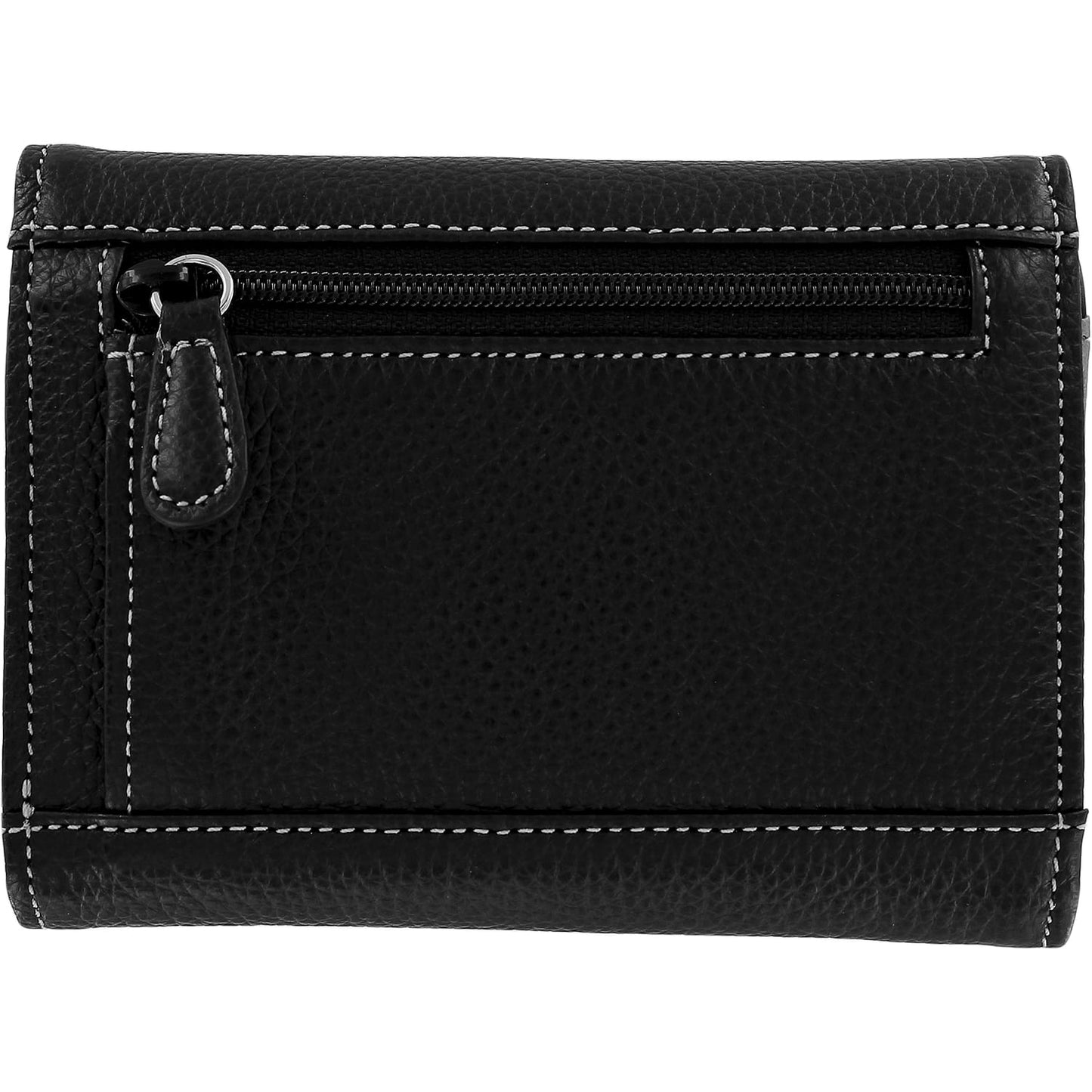 Brighton black pebbled leather wallet shown from the back with zippered pocket and contrast white stitching on a white background