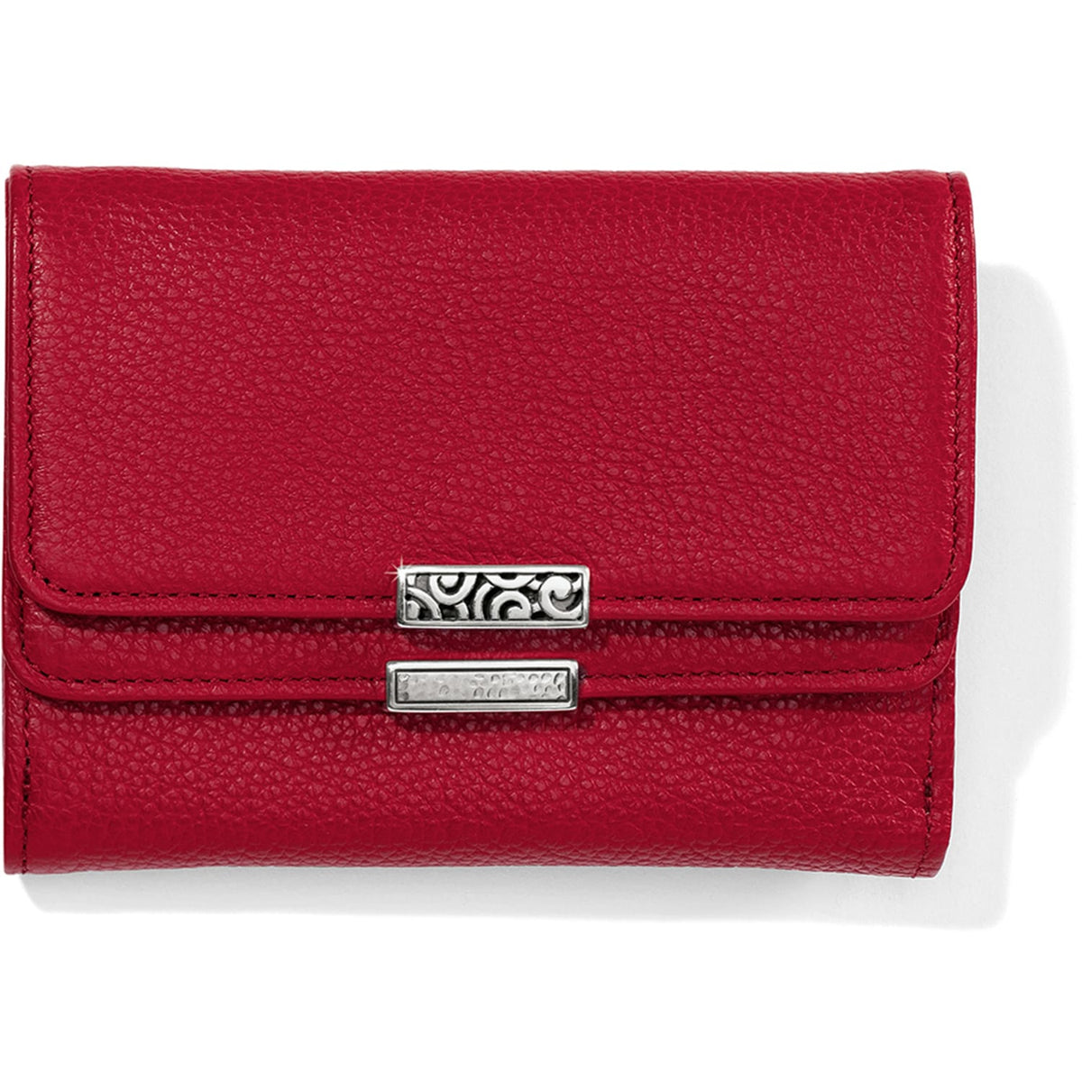 Brighton trifold wallet in red pebbled leather with silver-tone scroll and hammered bar accents on a white background