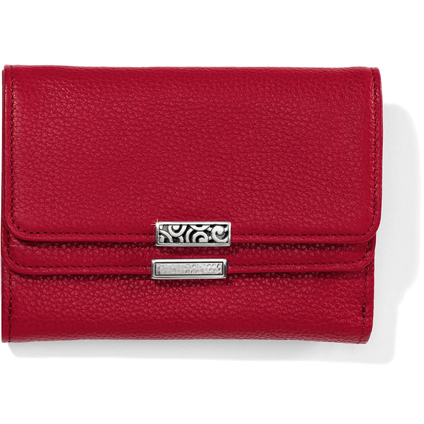 Brighton trifold wallet in red pebbled leather with silver-tone scroll and hammered bar accents on a white background