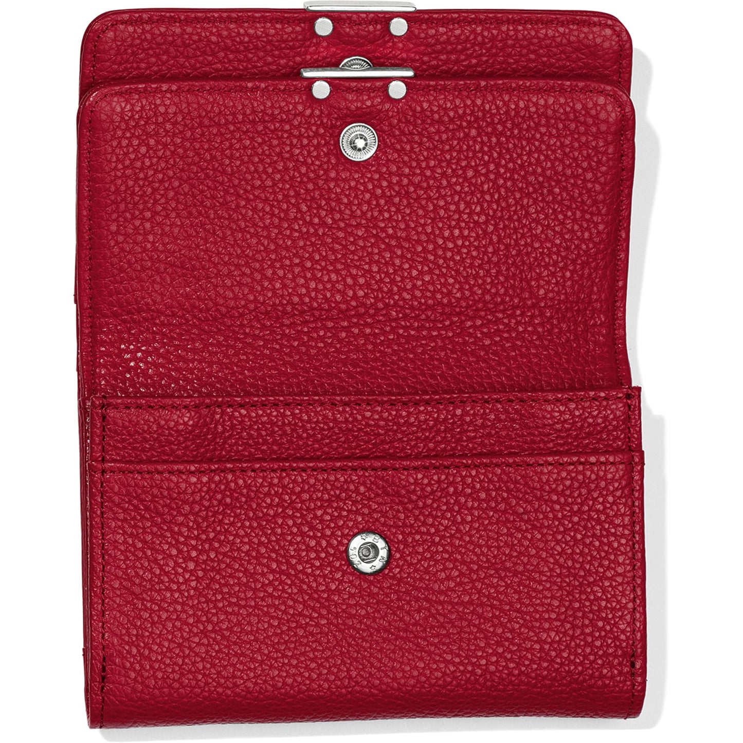 Brighton red pebbled leather wallet shown open with interior card slot and silver-tone snap closures on a white background