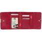 Brighton red leather trifold wallet shown open with ID window, card slots, and patterned interior lining on a white background
