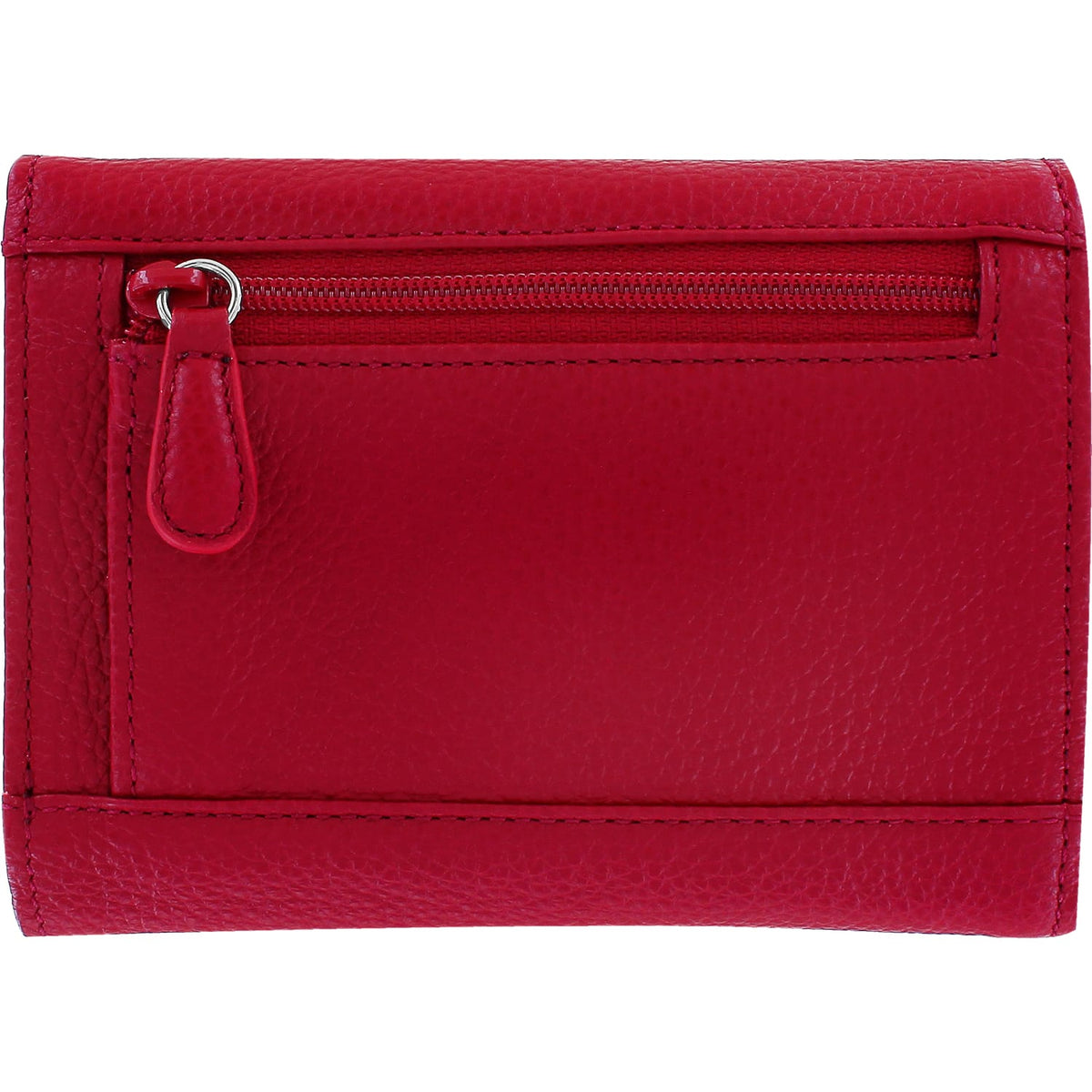 Brighton red pebbled leather wallet shown from the back with zippered pocket and stitched trim on a white background