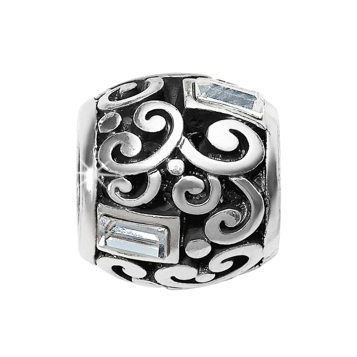 Brighton charm bead with silver-plated scroll openwork design and rectangular crystal accents on a white background