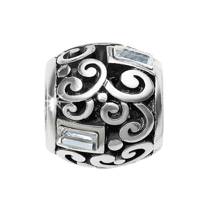 Brighton charm bead with silver-plated scroll openwork design and rectangular crystal accents on a white background