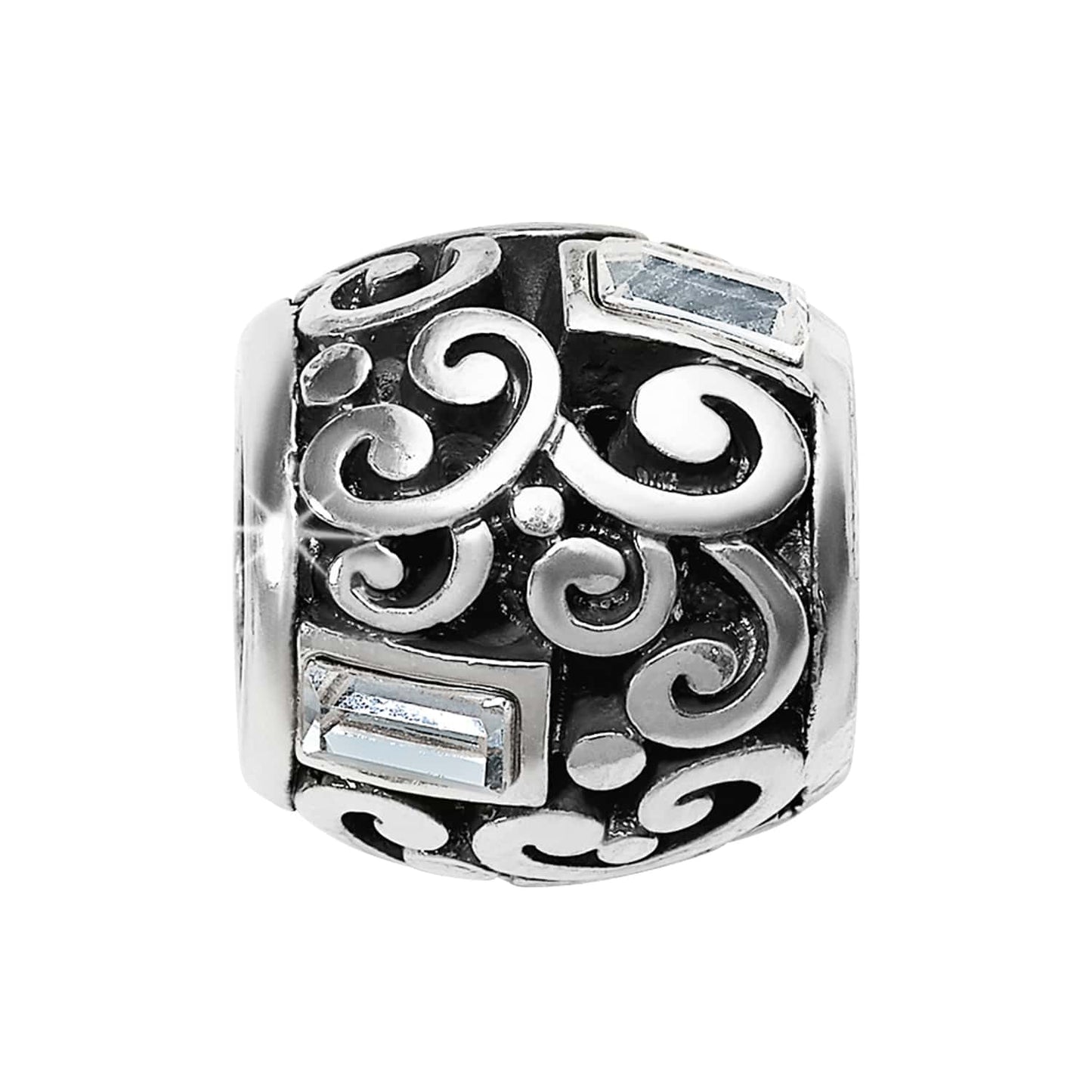 Brighton charm bead with silver-plated scroll openwork design and rectangular crystal accents on a white background