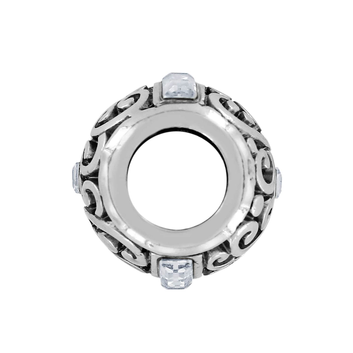 Brighton silver-plated spacer charm with scroll openwork design and crystal accents on a white background
