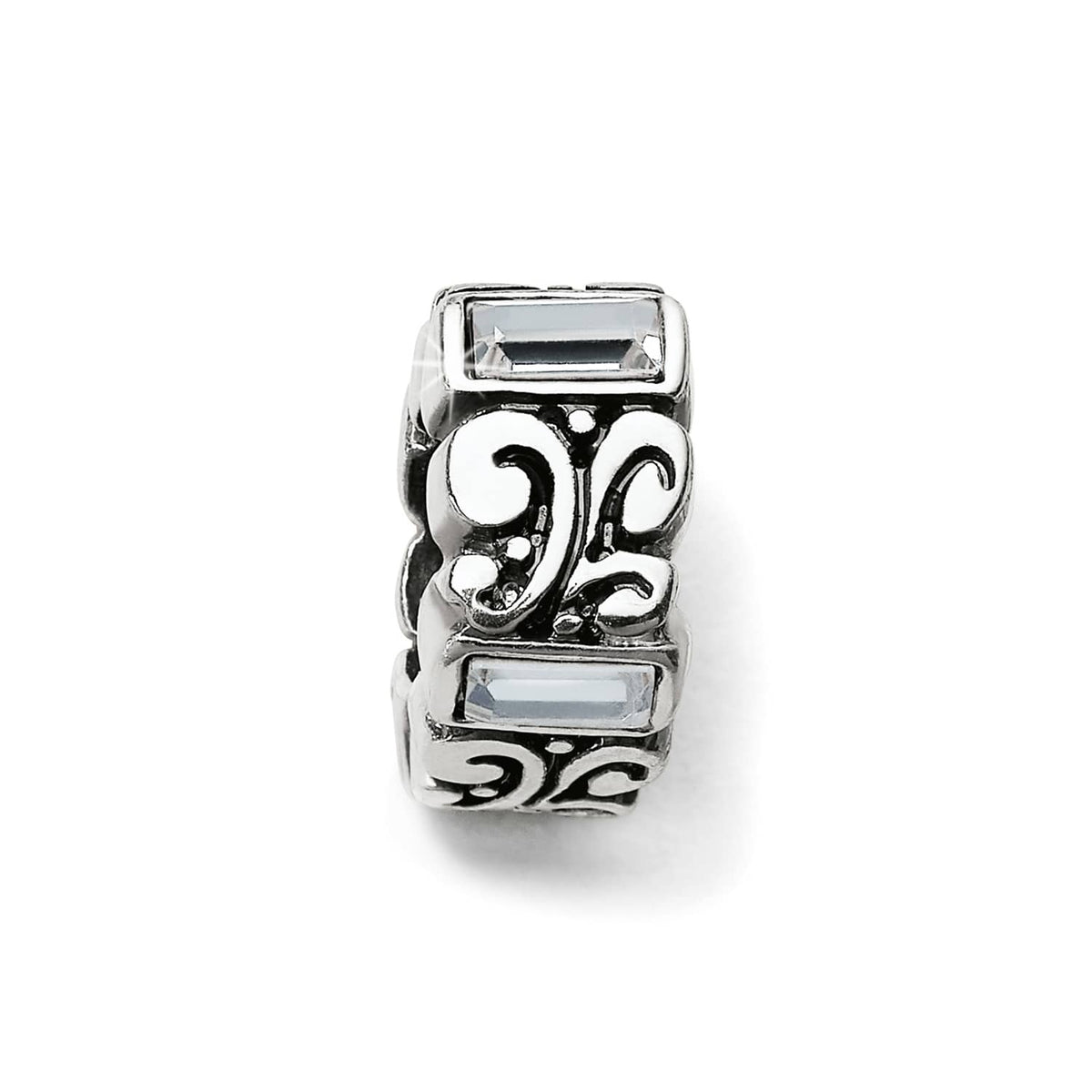 Brighton silver-plated spacer charm with scroll filigree design and clear crystal baguette accents on a white background