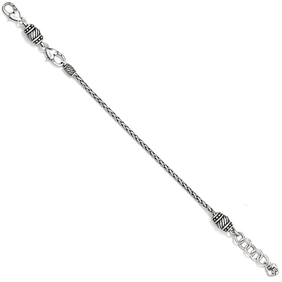 Brighton bracelet with silver-plated braided chain, decorative beaded stations, and lobster clasp on a white background