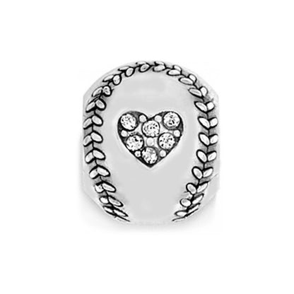 Brighton charm bead with silver-plated laurel leaf borders and central crystal pavé heart on a white background