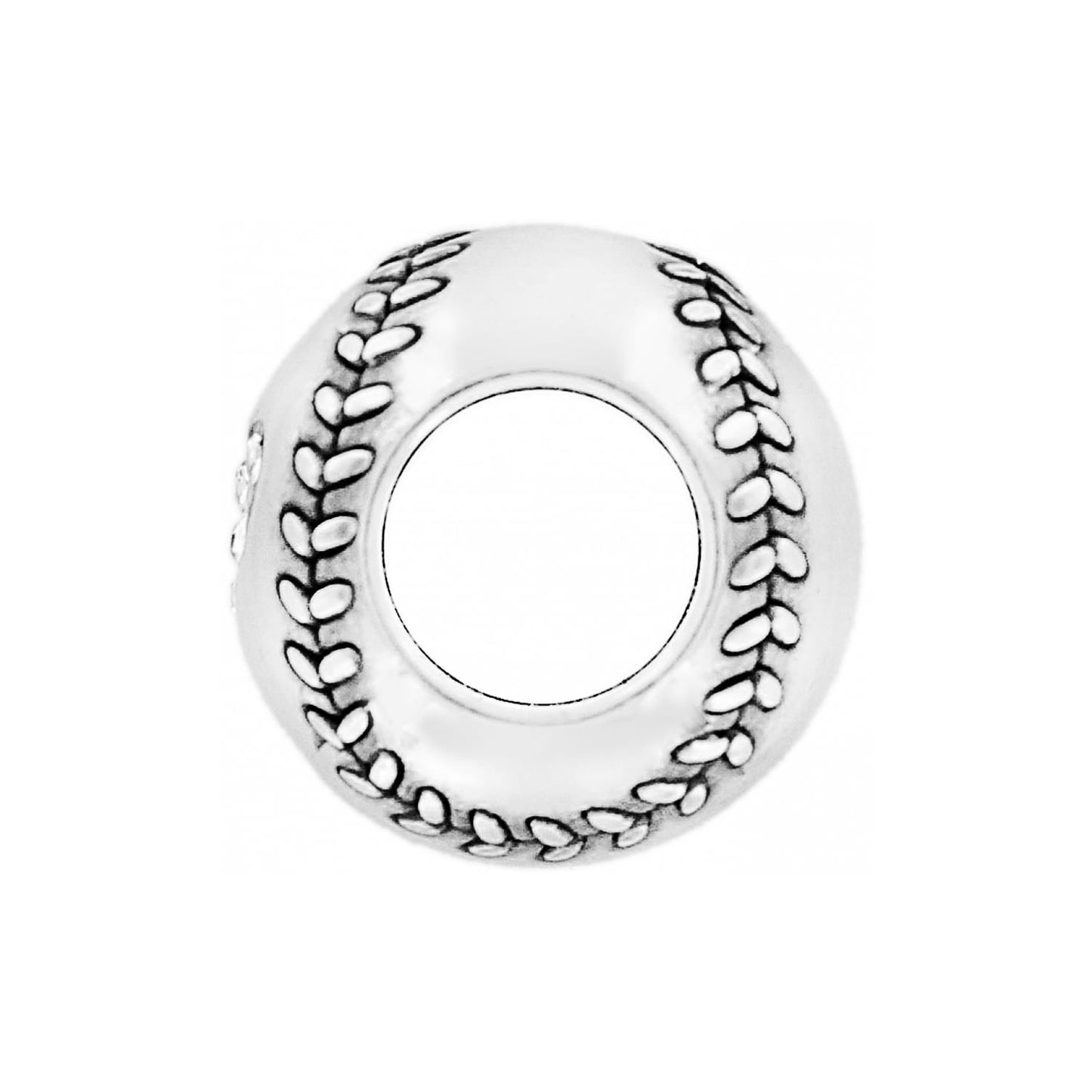 Brighton silver-plated baseball charm bead with stitched seam detail and center threading hole on a white background