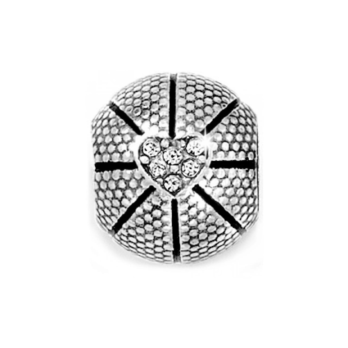 Brighton basketball charm bead with silver-plated textured finish and crystal heart accent on a white background