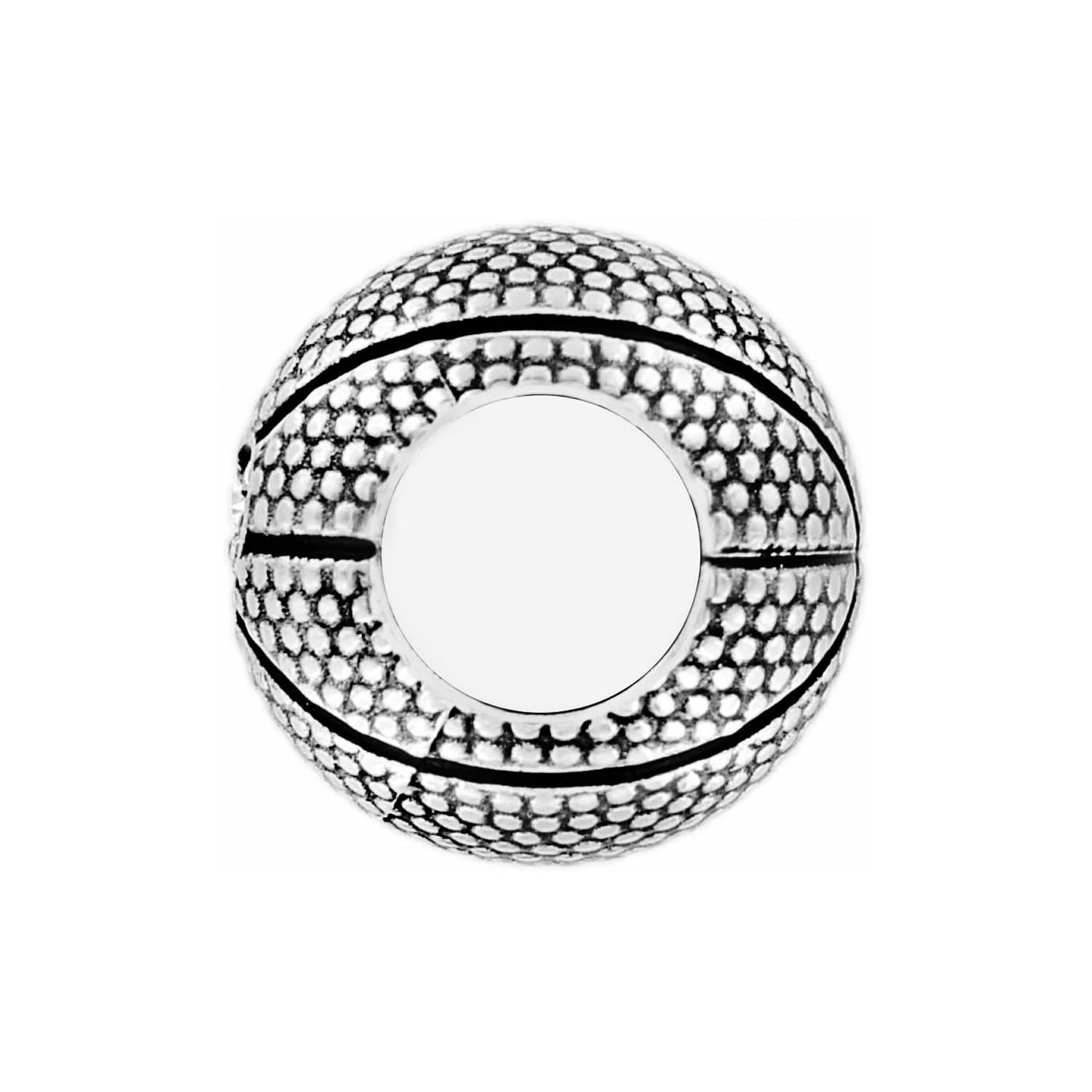 Brighton silver-plated basketball charm bead with textured dimpled surface and engraved seam lines on a white background