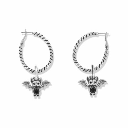 Brighton silver-plated hoop earrings with twisted rope texture and bat charms featuring black crystal accents on a white background