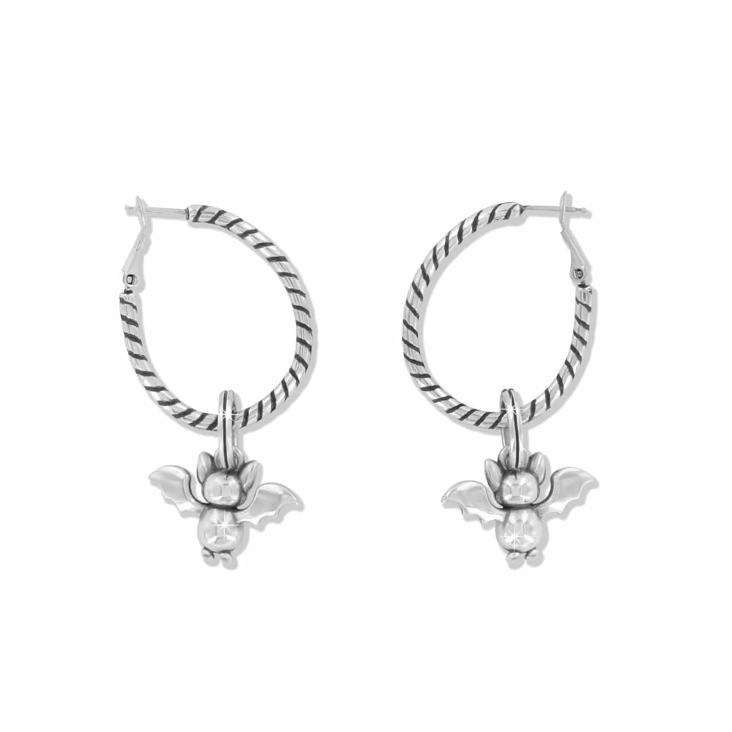 Brighton hoop earrings with twisted rope texture and silver-plated winged charm dangles on a white background