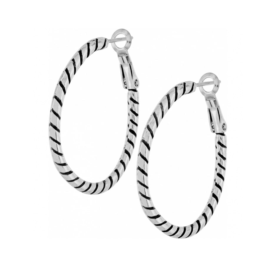 Brighton hoop earrings with silver-plated twisted rope texture and black enamel detailing on a white background