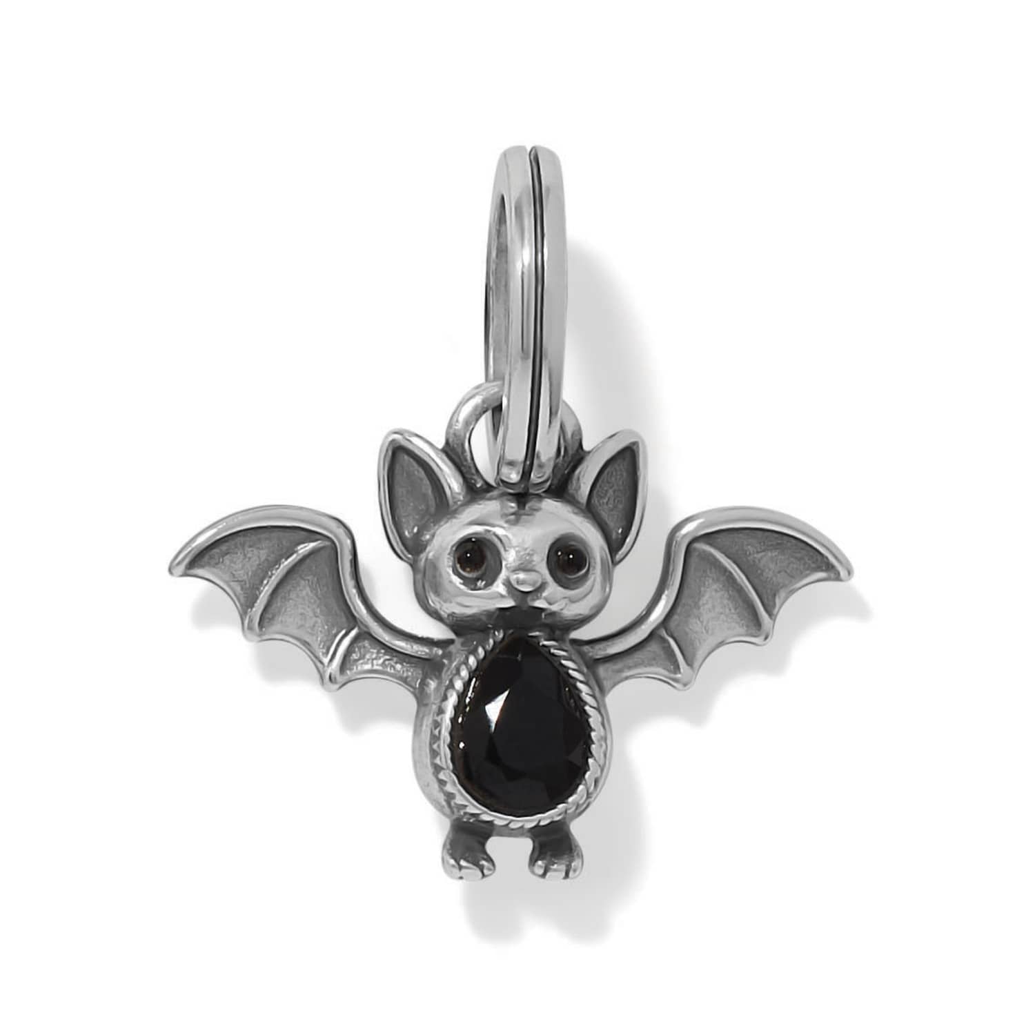 Brighton bat charm with silver-plated finish, black faceted crystal belly, and spread wings on a white background