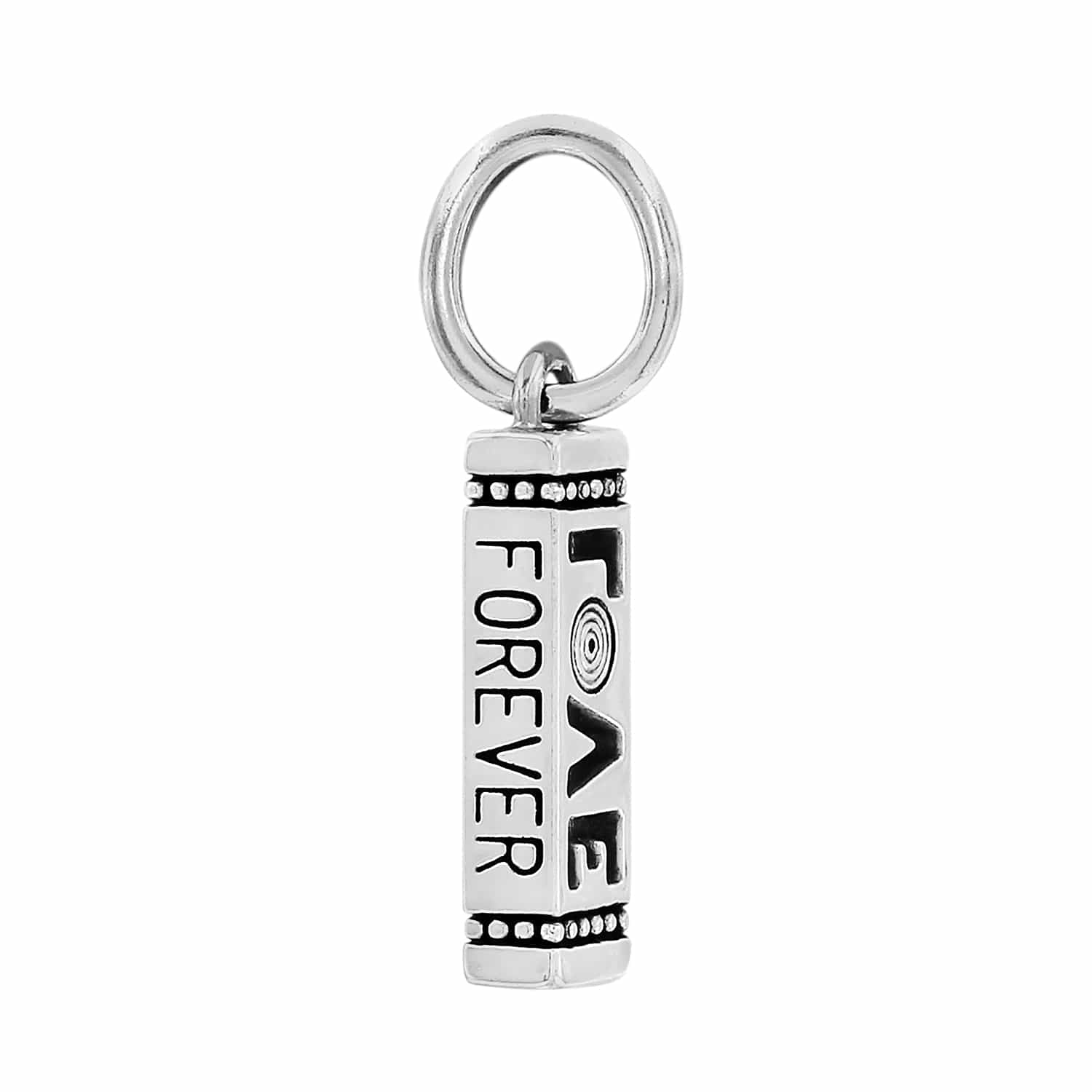 Brighton charm with silver-plated rectangular bar engraved with Love Forever text and beaded trim on a white background