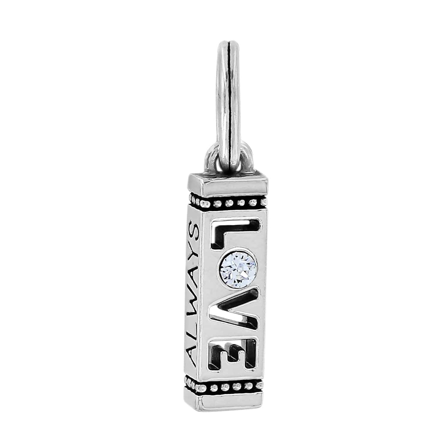 Brighton silver-plated charm with vertical LOVE and ALWAYS lettering and single crystal accent on a white background