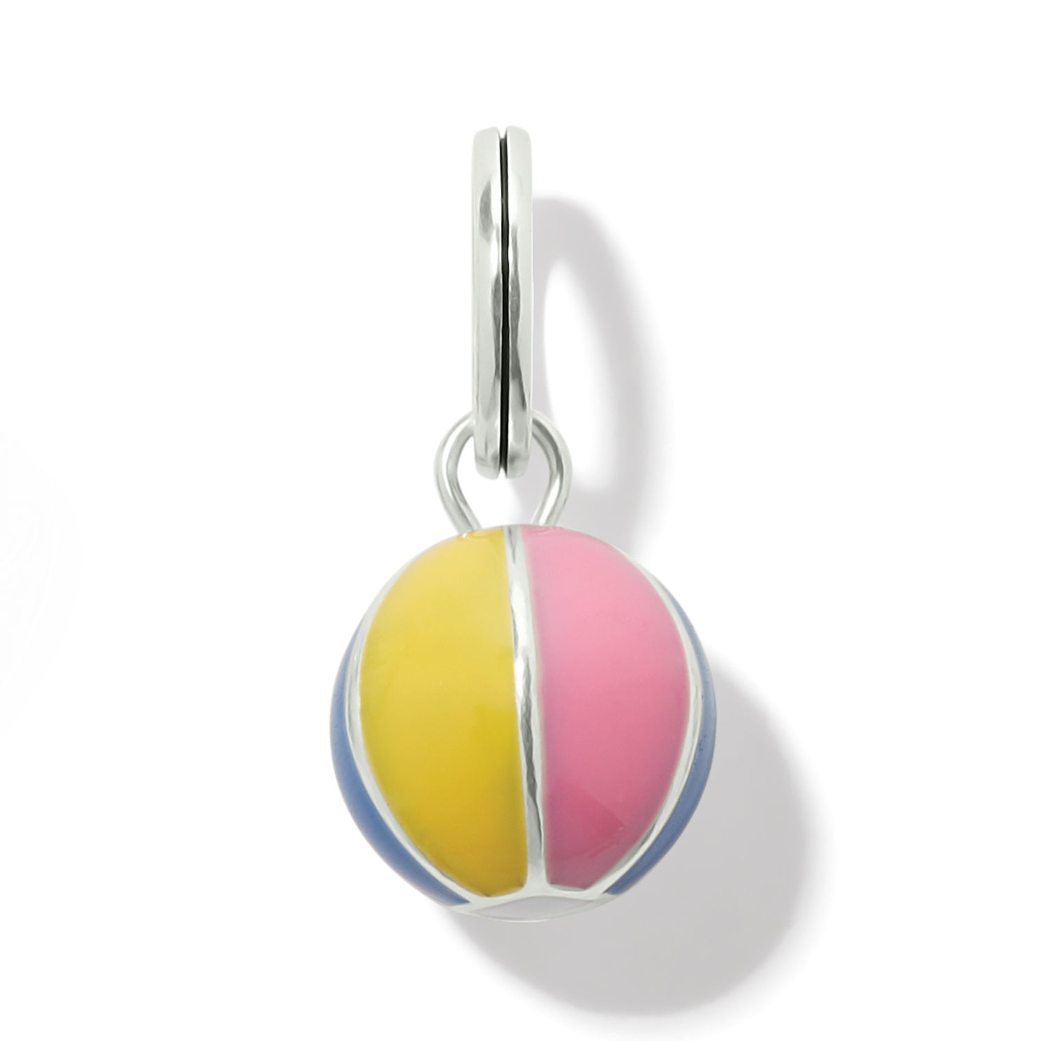 Brighton charm with pink, yellow, and blue enamel beach ball design and silver-plated bail on a white background