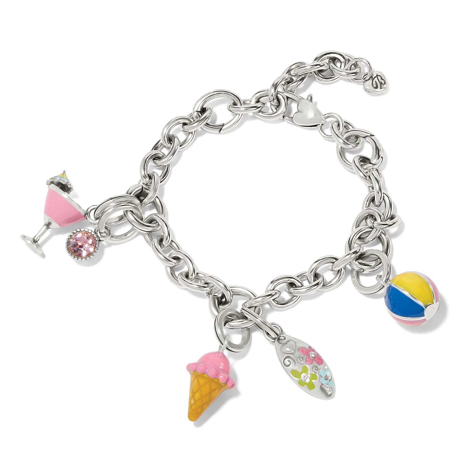 Brighton silver-plated charm bracelet with enamel ice cream, beach ball, martini, and floral charms on a white background
