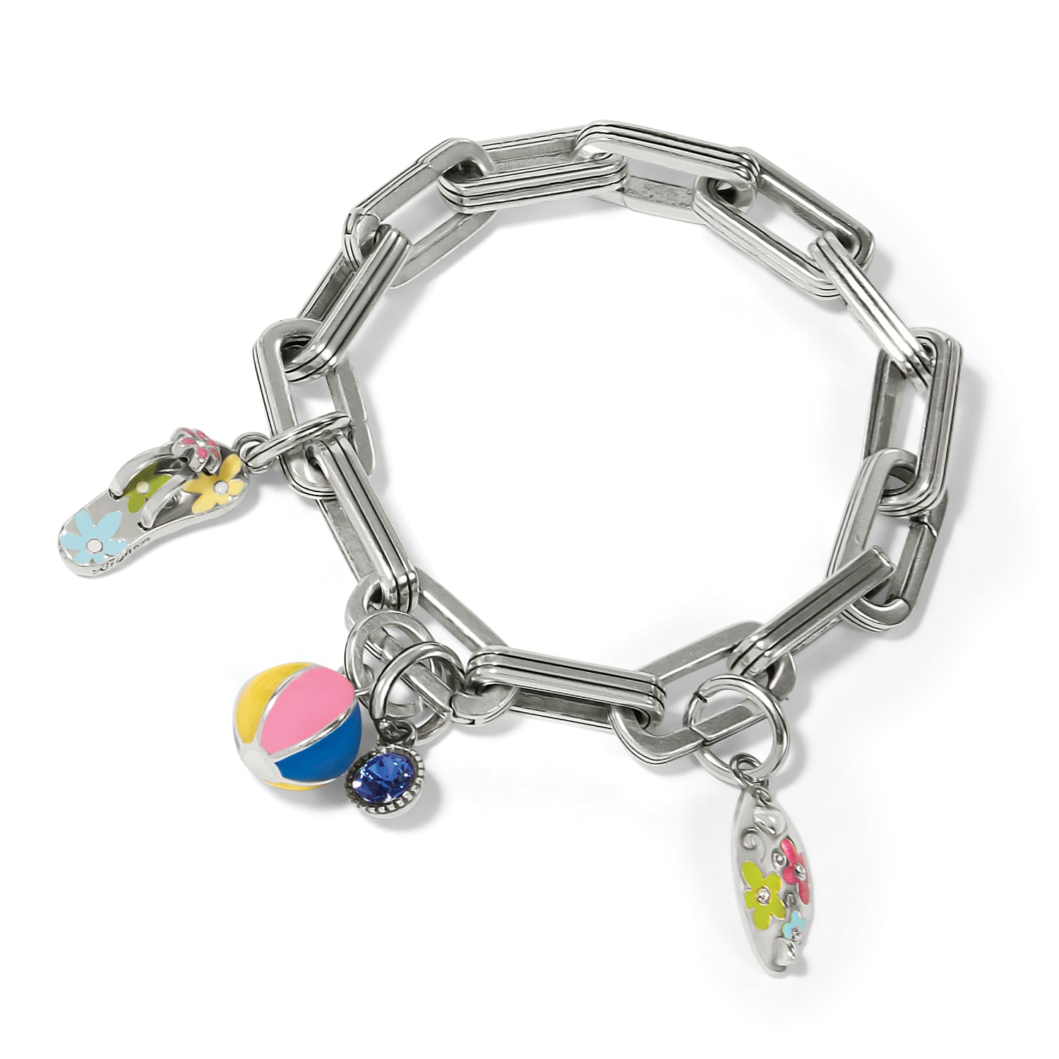 Brighton silver-plated charm bracelet with enamel flip-flop, beach ball, crystal, and surfboard charms on a white background