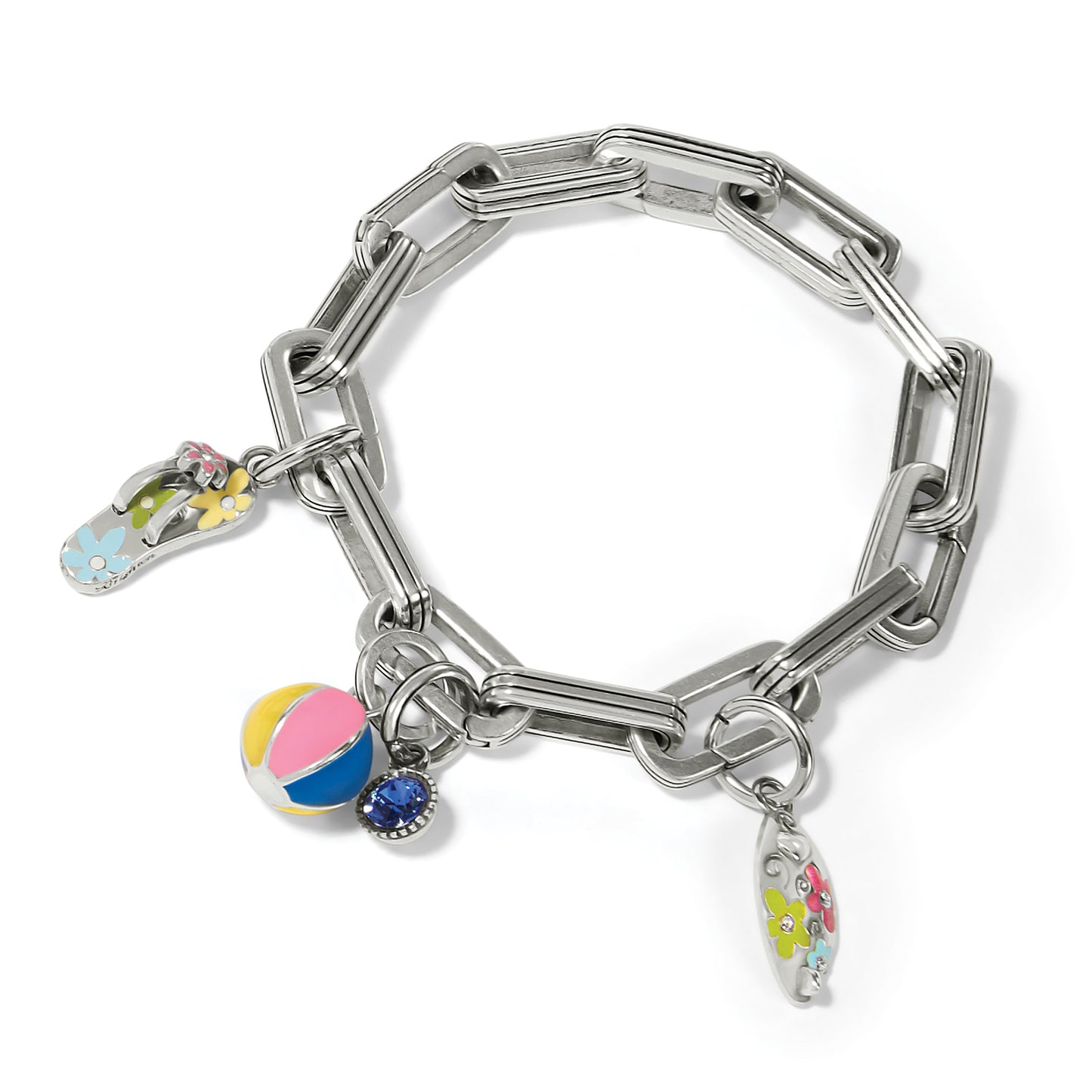 Brighton silver-plated charm bracelet with enamel flip-flop, beach ball, crystal, and surfboard charms on a white background