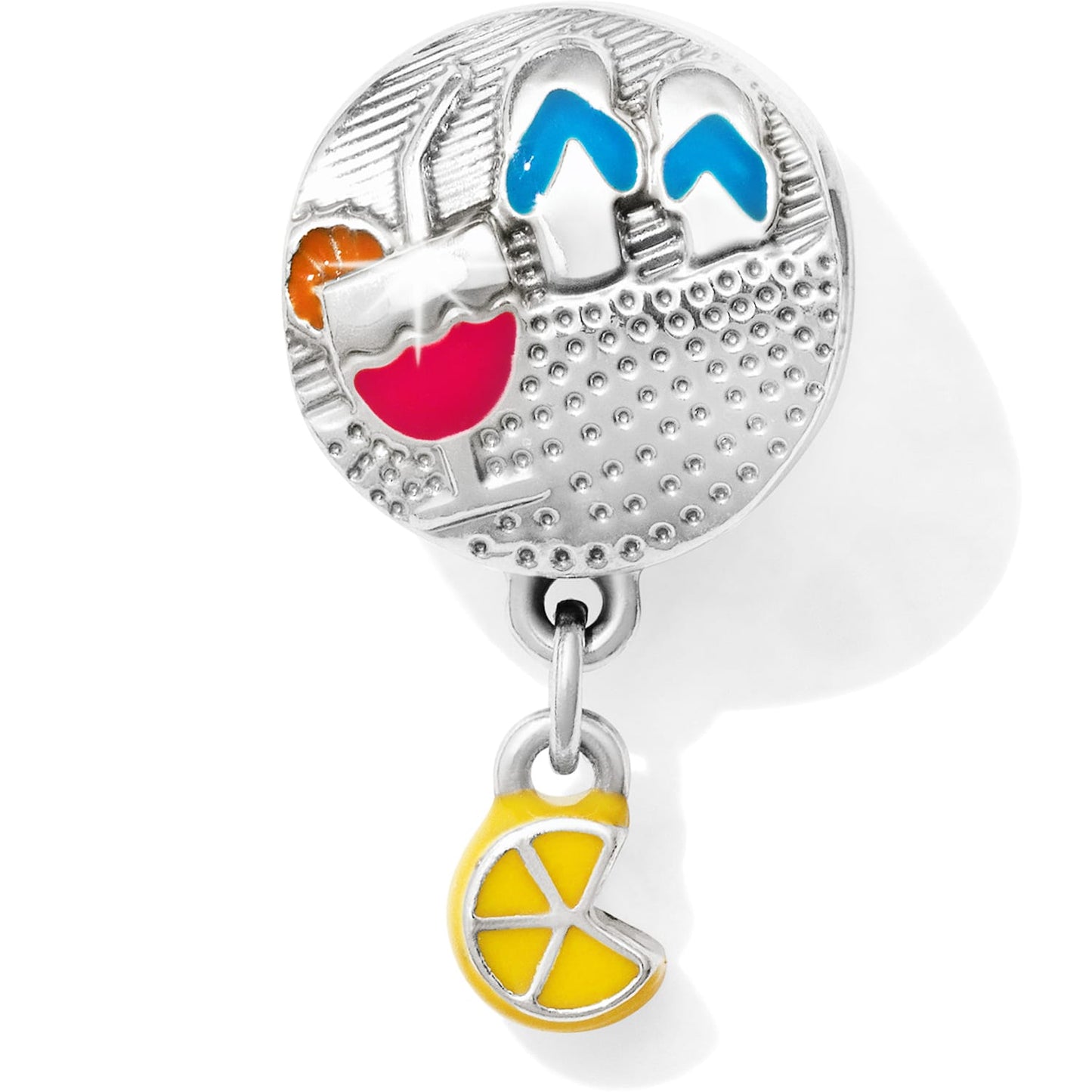 Brighton silver-plated charm with beach scene, blue flip-flops, red umbrella, and dangling yellow lemon slice on a white background
