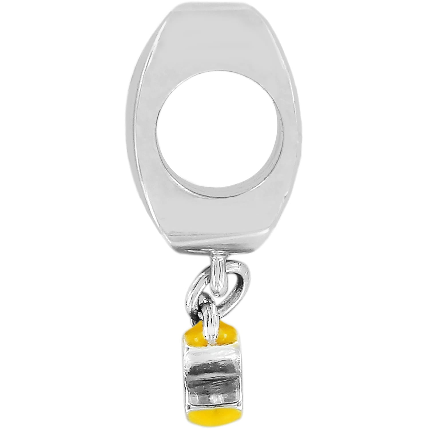 Brighton silver-plated charm bead with dangling yellow and silver enamel accent on a white background