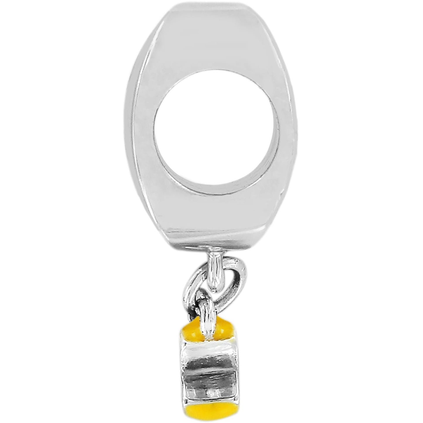 Brighton silver-plated charm bead with dangling yellow and silver enamel accent on a white background