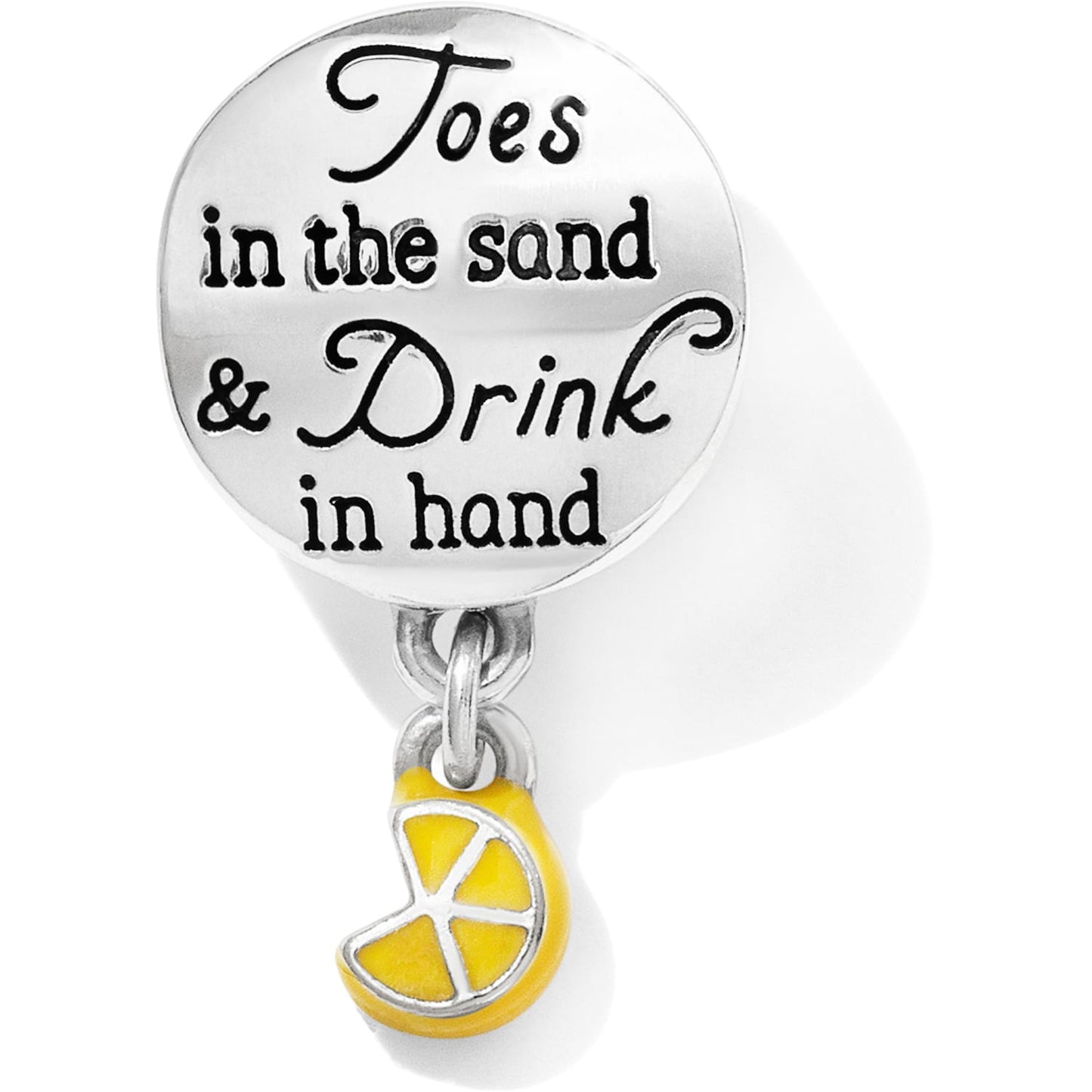 Brighton silver-plated charm engraved with beach quote and dangling yellow enamel lemon slice on a white background
