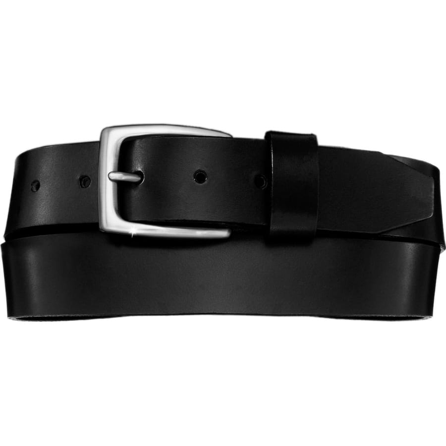 Brighton black leather belt with silver-tone single-prong buckle and matching keeper loop on a white background