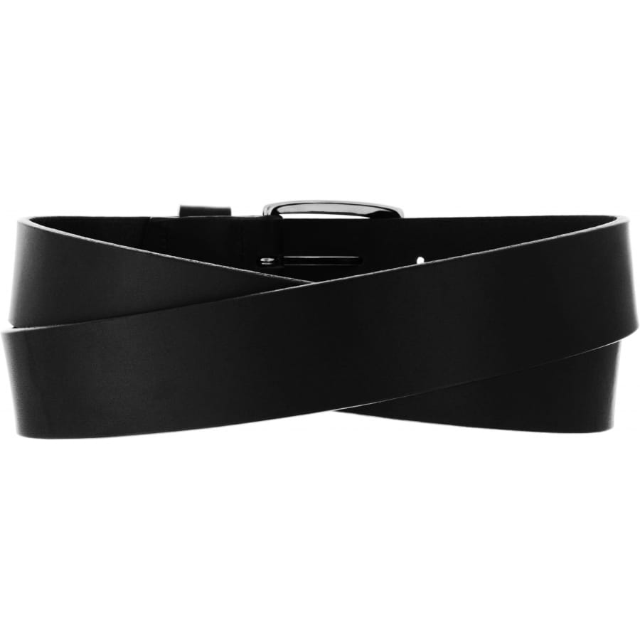 Brighton black leather belt with silver-tone buckle, shown coiled and crossed over itself on a white background
