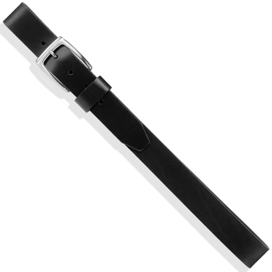 Brighton black leather belt with silver-tone rectangular buckle and single keeper loop on a white background