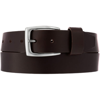 Brighton dark brown leather belt with silver-tone rectangular buckle and single keeper loop on a white background