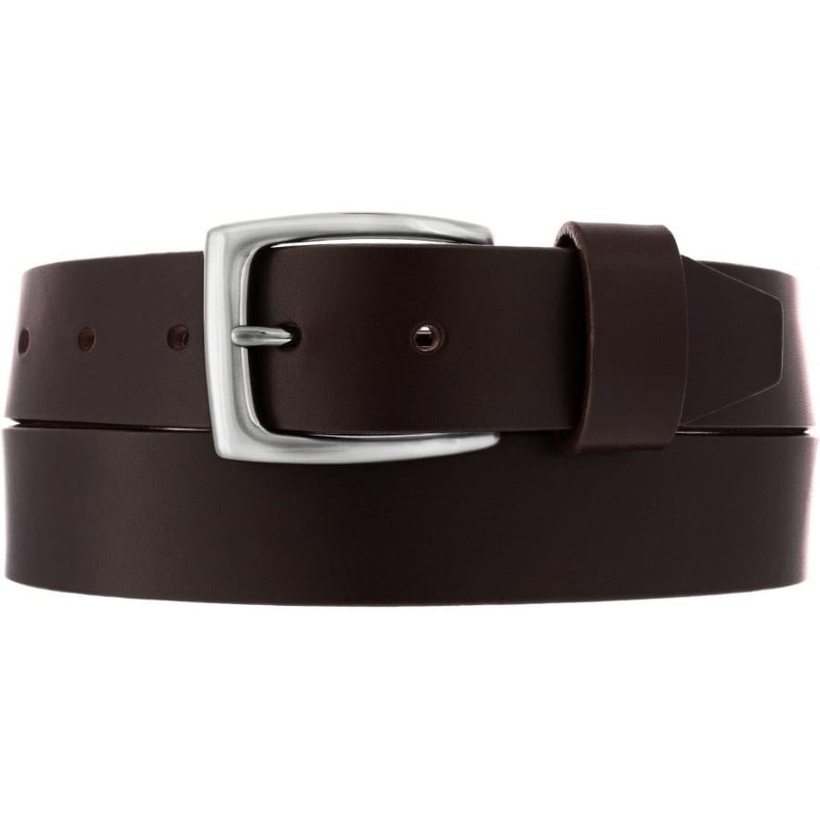 Brighton dark brown leather belt with silver-tone rectangular buckle and single keeper loop on a white background