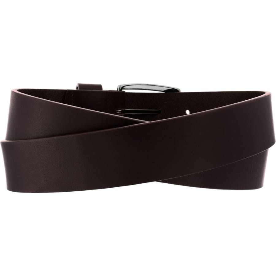 Brighton dark brown leather belt coiled with dark buckle, showing smooth finish and single punch hole on a white background