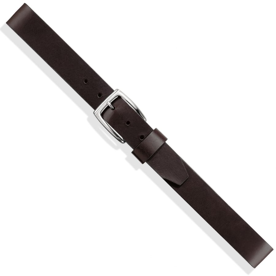Brighton dark brown leather belt with silver-tone single-prong buckle and matching keeper loop on a white background
