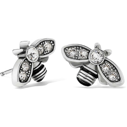 Brighton bee stud earrings with silver-plated finish and crystal-accented wings shown from two angles on a white background
